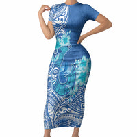 Hawaii Discoverers Day Short Sleeve Bodycon Dress Polynesian Fish Hook With Hibiscus Blue