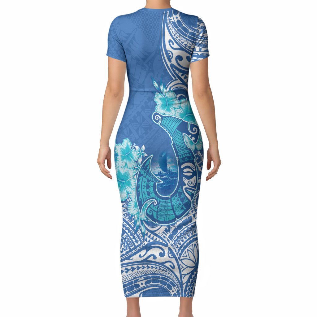 Hawaii Discoverers Day Short Sleeve Bodycon Dress Polynesian Fish Hook With Hibiscus Blue