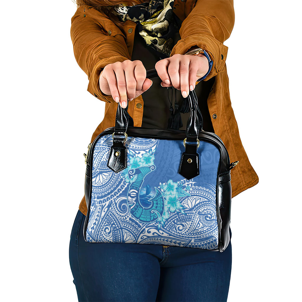 Hawaii Discoverers Day Shoulder Handbag Polynesian Fish Hook With Hibiscus Blue