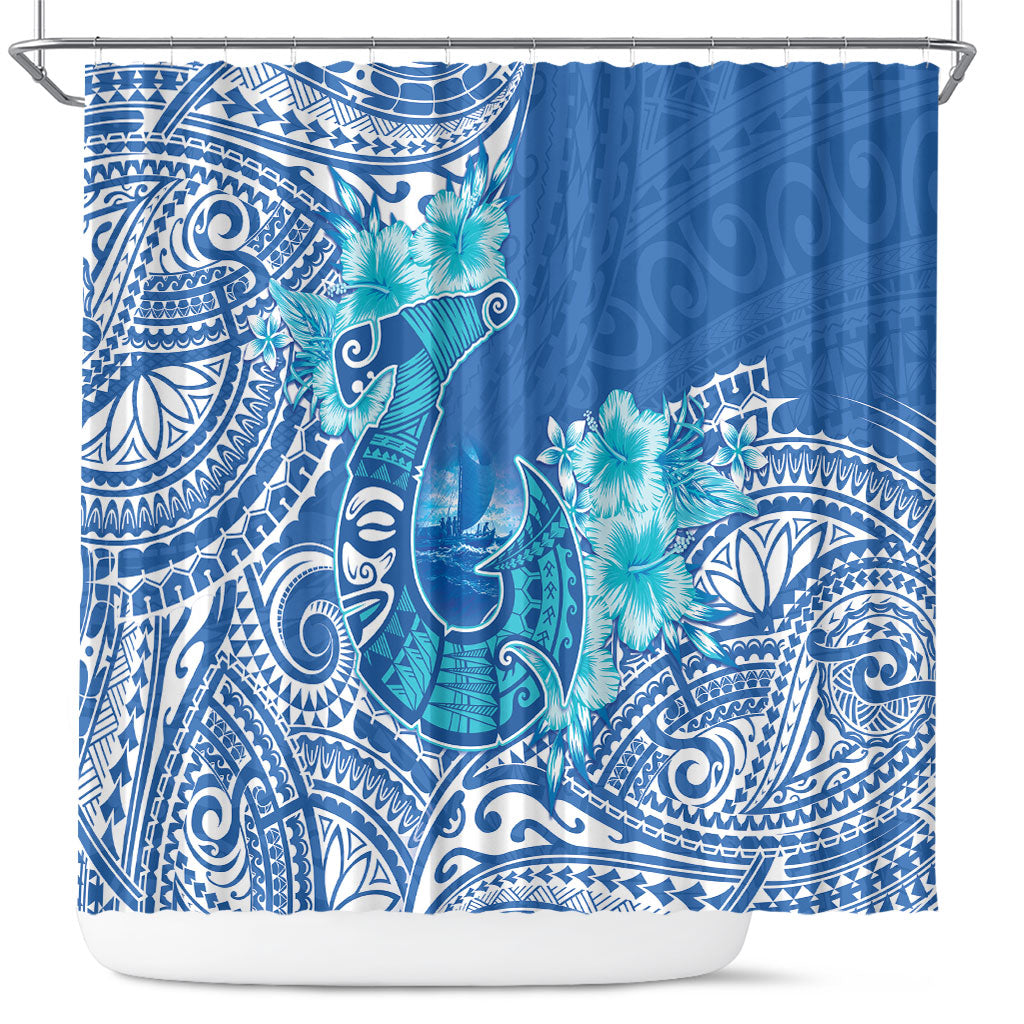 Hawaii Discoverers Day Shower Curtain Polynesian Fish Hook With Hibiscus Blue LT05 Blue - Polynesian Pride
