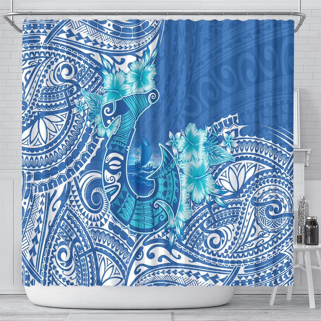 Hawaii Discoverers Day Shower Curtain Polynesian Fish Hook With Hibiscus Blue