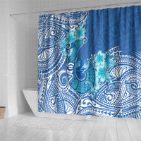 Hawaii Discoverers Day Shower Curtain Polynesian Fish Hook With Hibiscus Blue