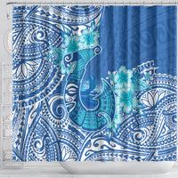 Hawaii Discoverers Day Shower Curtain Polynesian Fish Hook With Hibiscus Blue