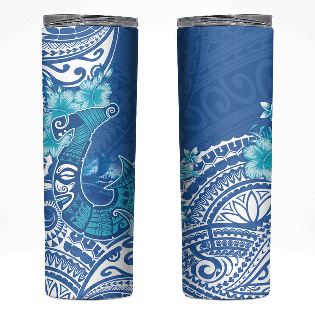 Hawaii Discoverers Day Skinny Tumbler Polynesian Fish Hook With Hibiscus Blue
