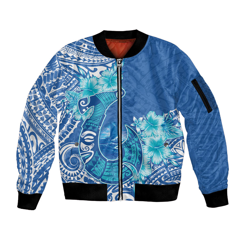 Hawaii Discoverers Day Sleeve Zip Bomber Jacket Polynesian Fish Hook With Hibiscus Blue