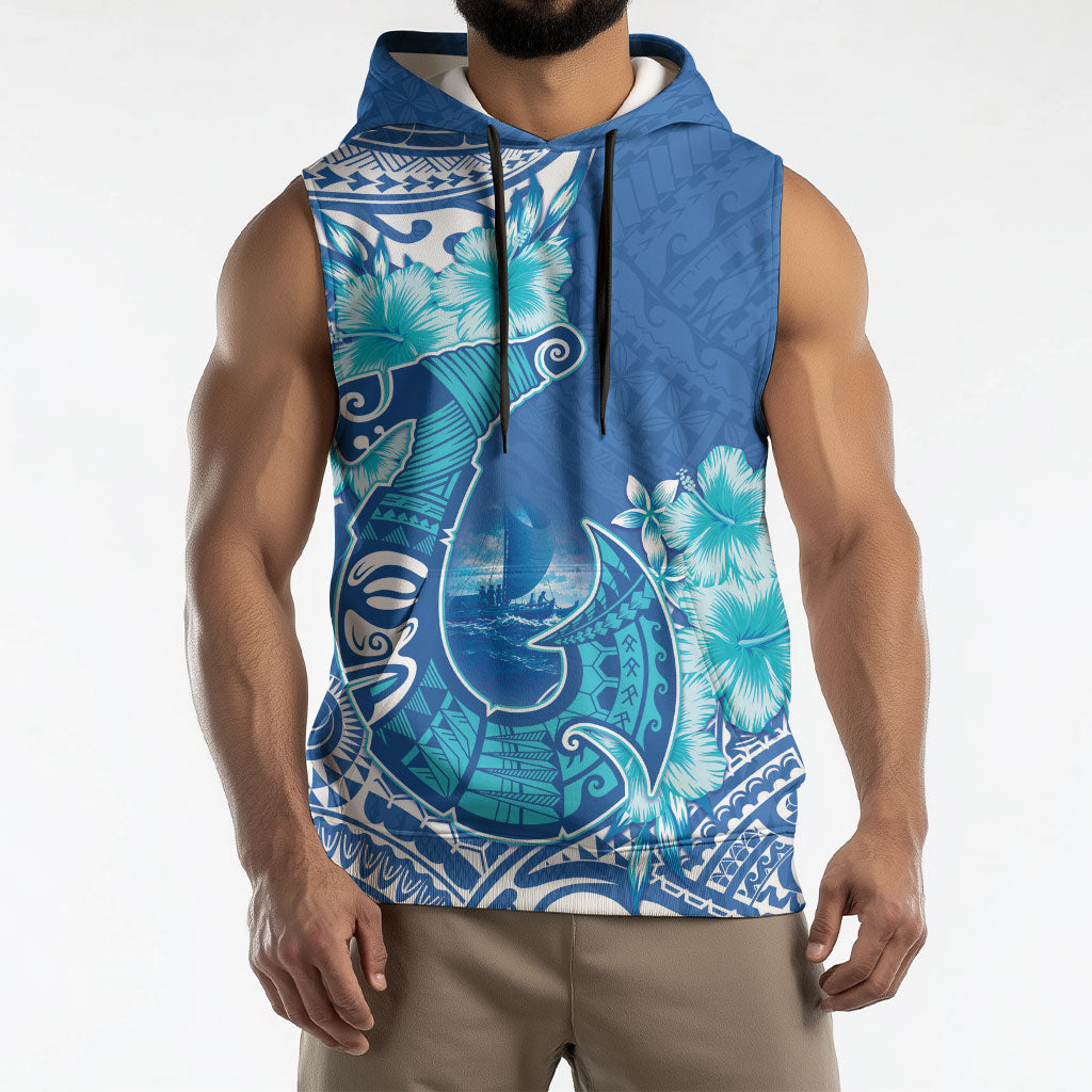 Hawaii Discoverers Day Sleeveless Hoodie Polynesian Fish Hook With Hibiscus Blue