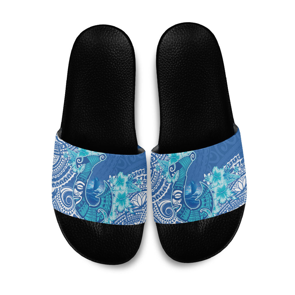 Hawaii Discoverers Day Slide Sandals Polynesian Fish Hook With Hibiscus Blue LT05 Blue - Polynesian Pride