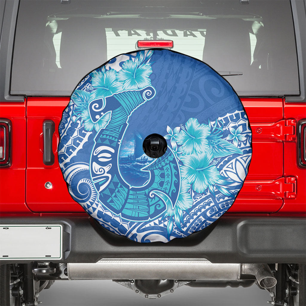 Hawaii Discoverers Day Spare Tire Cover Polynesian Fish Hook With Hibiscus Blue LT05 - Polynesian Pride