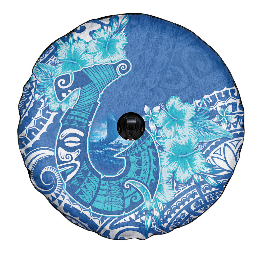 Hawaii Discoverers Day Spare Tire Cover Polynesian Fish Hook With Hibiscus Blue LT05 - Polynesian Pride