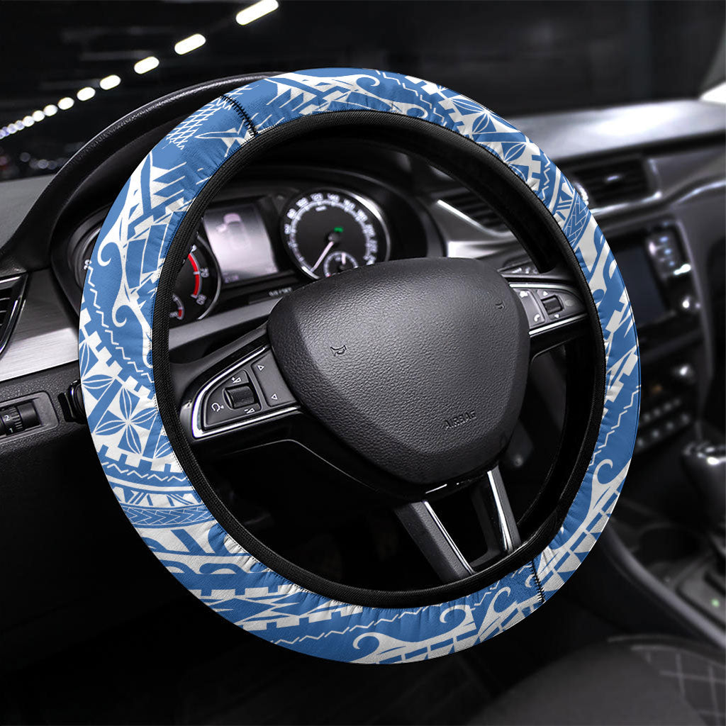 Hawaii Discoverers Day Steering Wheel Cover Polynesian Fish Hook With Hibiscus Blue LT05 Universal Fit Blue - Polynesian Pride