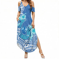 Hawaii Discoverers Day Summer Maxi Dress Polynesian Fish Hook With Hibiscus Blue