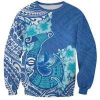 Hawaii Discoverers Day Sweatshirt Polynesian Fish Hook With Hibiscus Blue