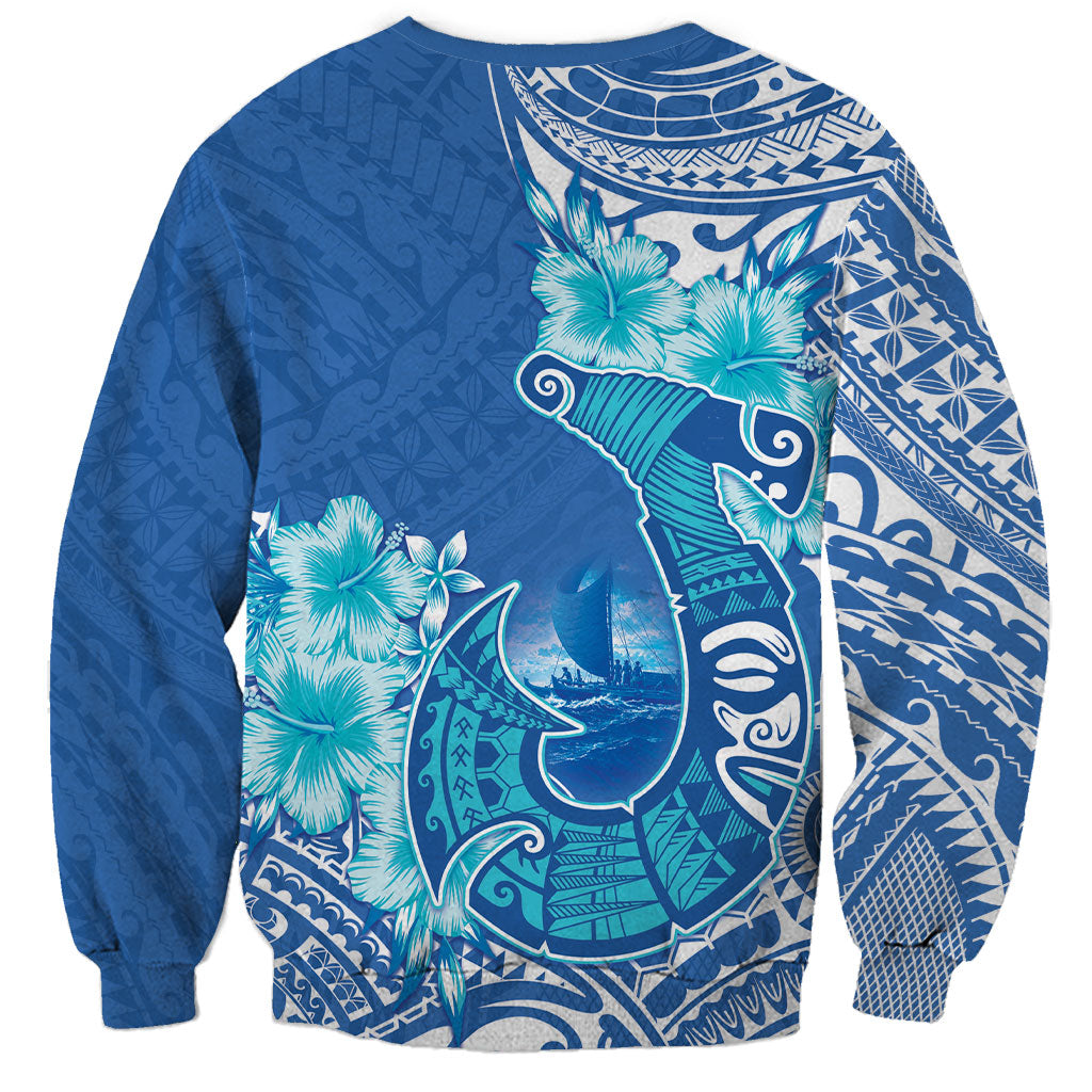 Hawaii Discoverers Day Sweatshirt Polynesian Fish Hook With Hibiscus Blue