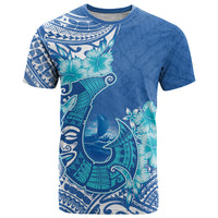 Hawaii Discoverers Day T Shirt Polynesian Fish Hook With Hibiscus Blue