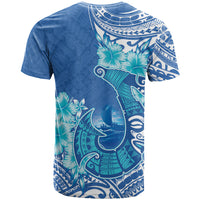 Hawaii Discoverers Day T Shirt Polynesian Fish Hook With Hibiscus Blue