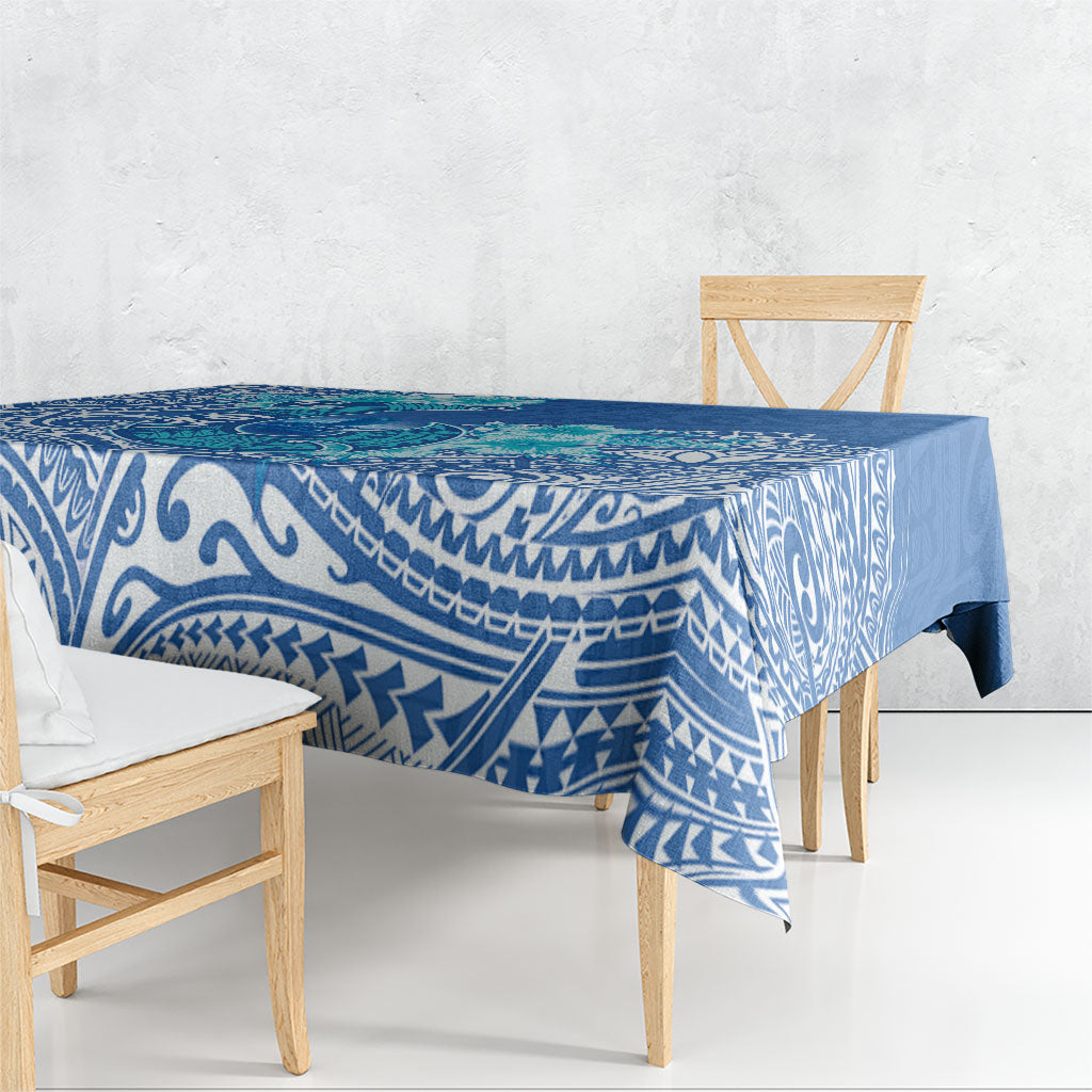 Hawaii Discoverers Day Tablecloth Polynesian Fish Hook With Hibiscus Blue