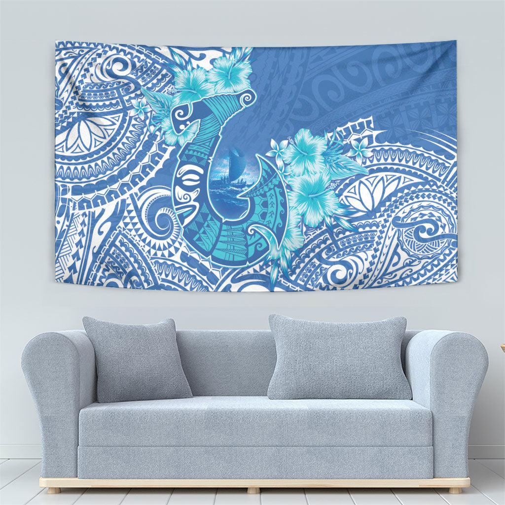 Hawaii Discoverers Day Tapestry Polynesian Fish Hook With Hibiscus Blue