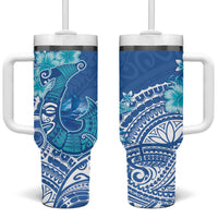 Hawaii Discoverers Day Tumbler With Handle Polynesian Fish Hook With Hibiscus Blue LT05 One Size: 40 oz Blue - Polynesian Pride