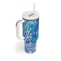 Hawaii Discoverers Day Tumbler With Handle Polynesian Fish Hook With Hibiscus Blue LT05 - Polynesian Pride