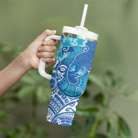 Hawaii Discoverers Day Tumbler With Handle Polynesian Fish Hook With Hibiscus Blue LT05 - Polynesian Pride
