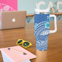 Hawaii Discoverers Day Tumbler With Handle Polynesian Fish Hook With Hibiscus Blue LT05 - Polynesian Pride