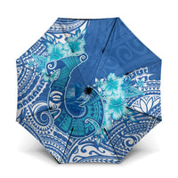 Hawaii Discoverers Day Umbrella Polynesian Fish Hook With Hibiscus Blue