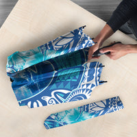 Hawaii Discoverers Day Umbrella Polynesian Fish Hook With Hibiscus Blue