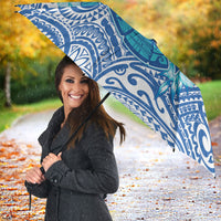 Hawaii Discoverers Day Umbrella Polynesian Fish Hook With Hibiscus Blue