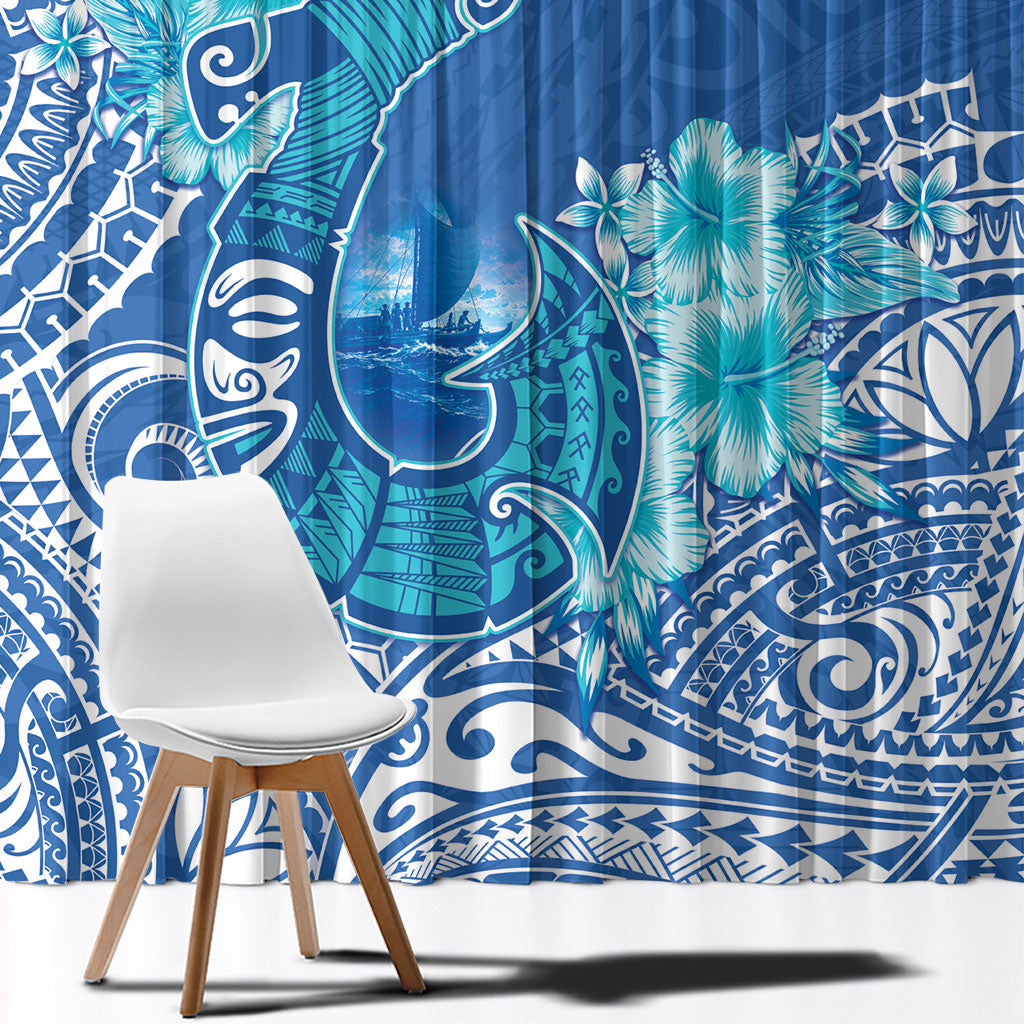 Hawaii Discoverers Day Window Curtain Polynesian Fish Hook With Hibiscus Blue