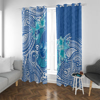 Hawaii Discoverers Day Window Curtain Polynesian Fish Hook With Hibiscus Blue