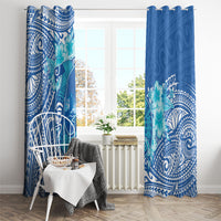 Hawaii Discoverers Day Window Curtain Polynesian Fish Hook With Hibiscus Blue