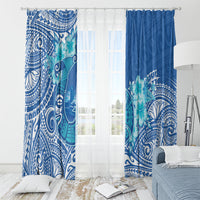 Hawaii Discoverers Day Window Curtain Polynesian Fish Hook With Hibiscus Blue