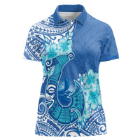 Hawaii Discoverers Day Women Polo Shirt Polynesian Fish Hook With Hibiscus Blue