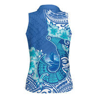 Hawaii Discoverers Day Women Sleeveless Polo Shirt Polynesian Fish Hook With Hibiscus Blue