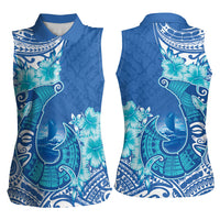 Hawaii Discoverers Day Women Sleeveless Polo Shirt Polynesian Fish Hook With Hibiscus Blue