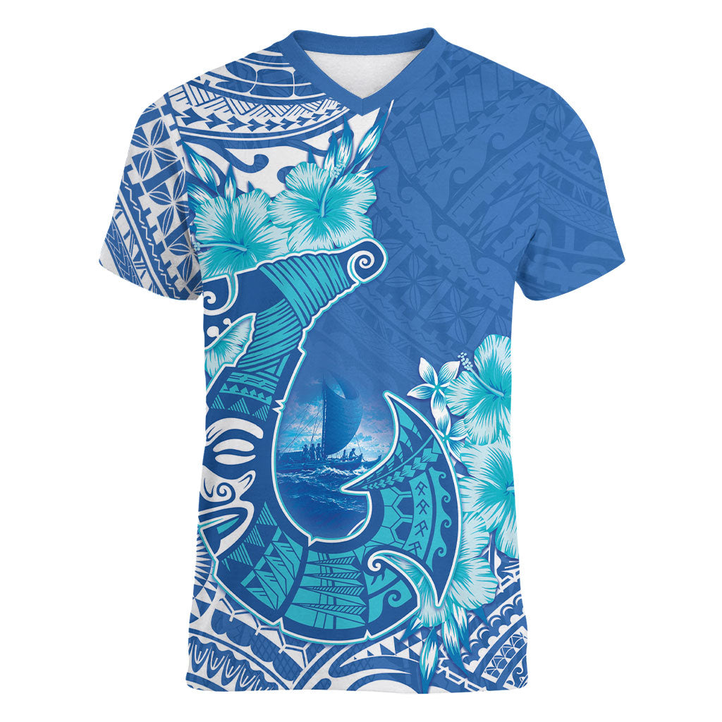 Hawaii Discoverers Day Women V-Neck T-Shirt Polynesian Fish Hook With Hibiscus Blue