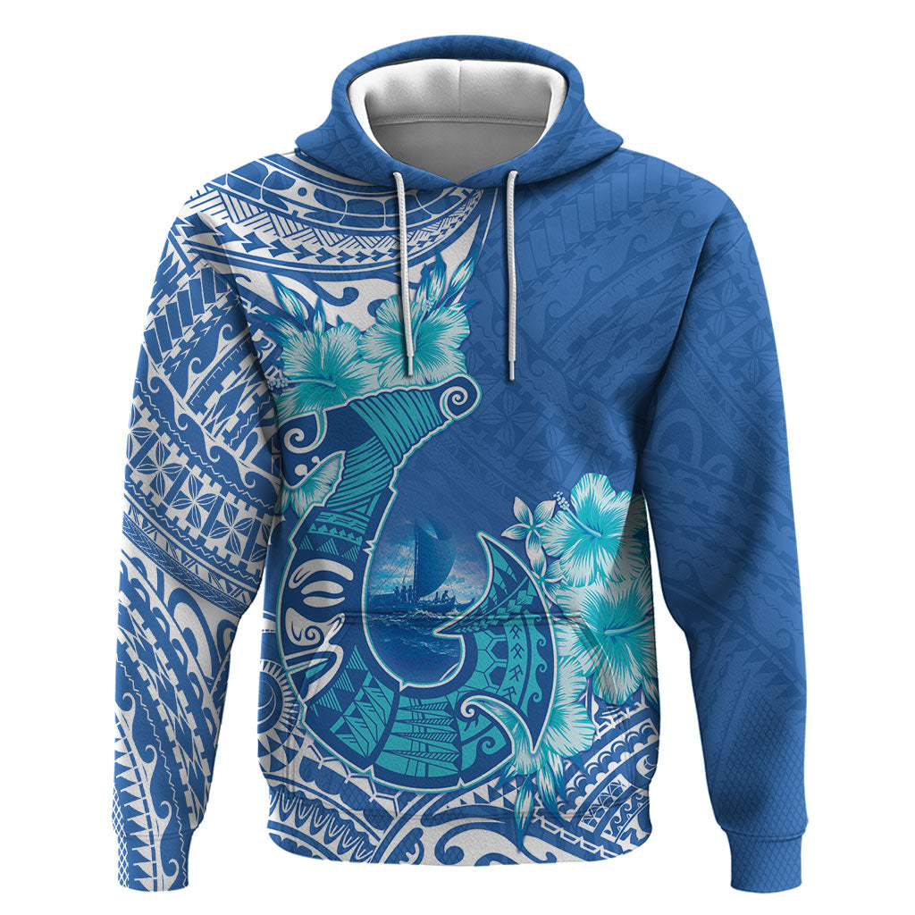 Hawaii Discoverers Day Zip Hoodie Polynesian Fish Hook With Hibiscus Blue LT05 Pullover Hoodie Blue - Polynesian Pride
