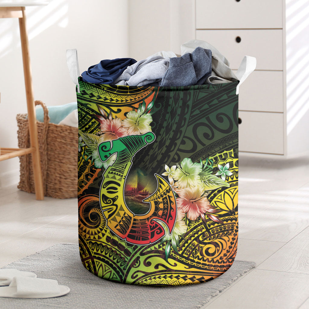 Hawaii Discoverers Day Laundry Basket Polynesian Fish Hook With Hibiscus Reggae