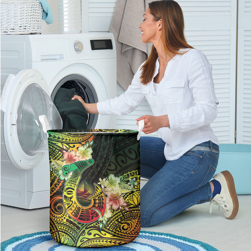 Hawaii Discoverers Day Laundry Basket Polynesian Fish Hook With Hibiscus Reggae