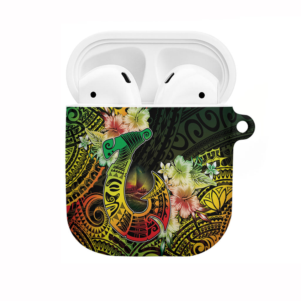 Hawaii Discoverers Day AirPods Case Polynesian Fish Hook With Hibiscus Reggae