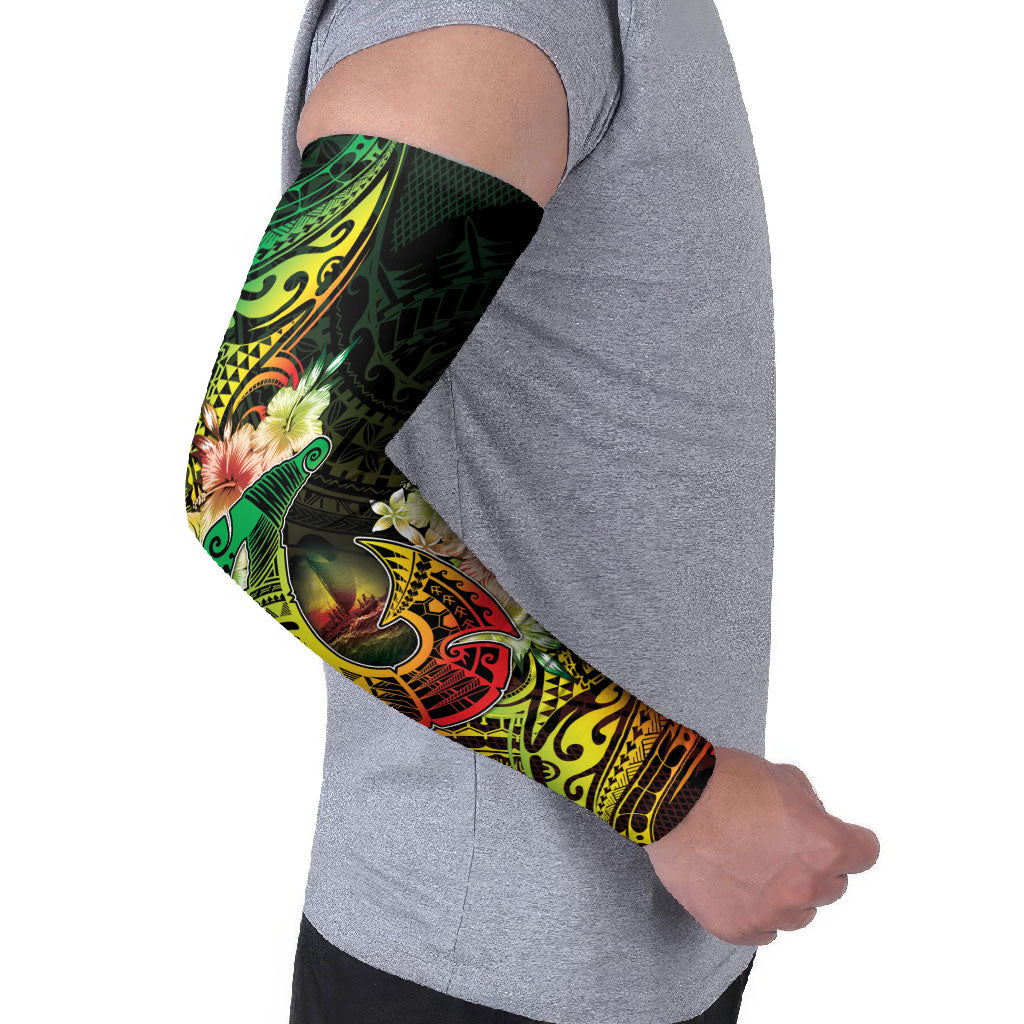 Hawaii Discoverers Day Arm Sleeves Polynesian Fish Hook With Hibiscus Reggae
