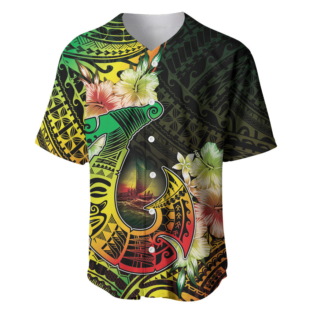 Hawaii Discoverers Day Baseball Jersey Polynesian Fish Hook With Hibiscus Reggae