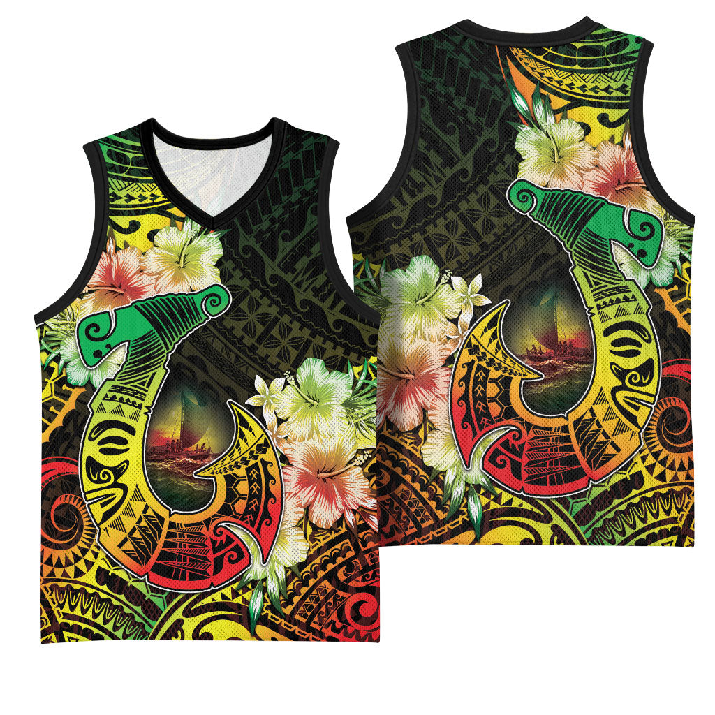 Hawaii Discoverers Day Basketball Jersey Polynesian Fish Hook With Hibiscus Reggae LT05 - Polynesian Pride