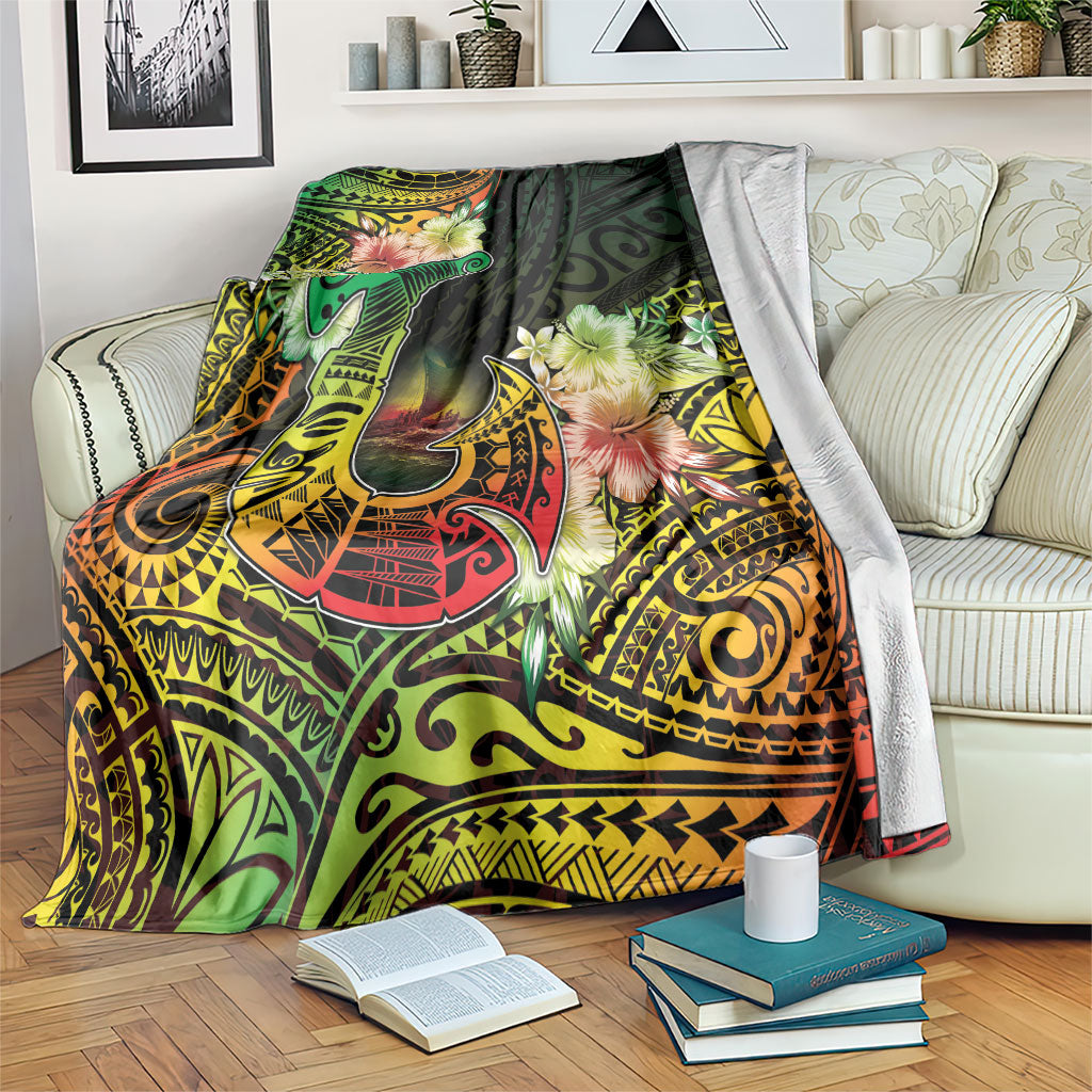 Hawaii Discoverers Day Blanket Polynesian Fish Hook With Hibiscus Reggae