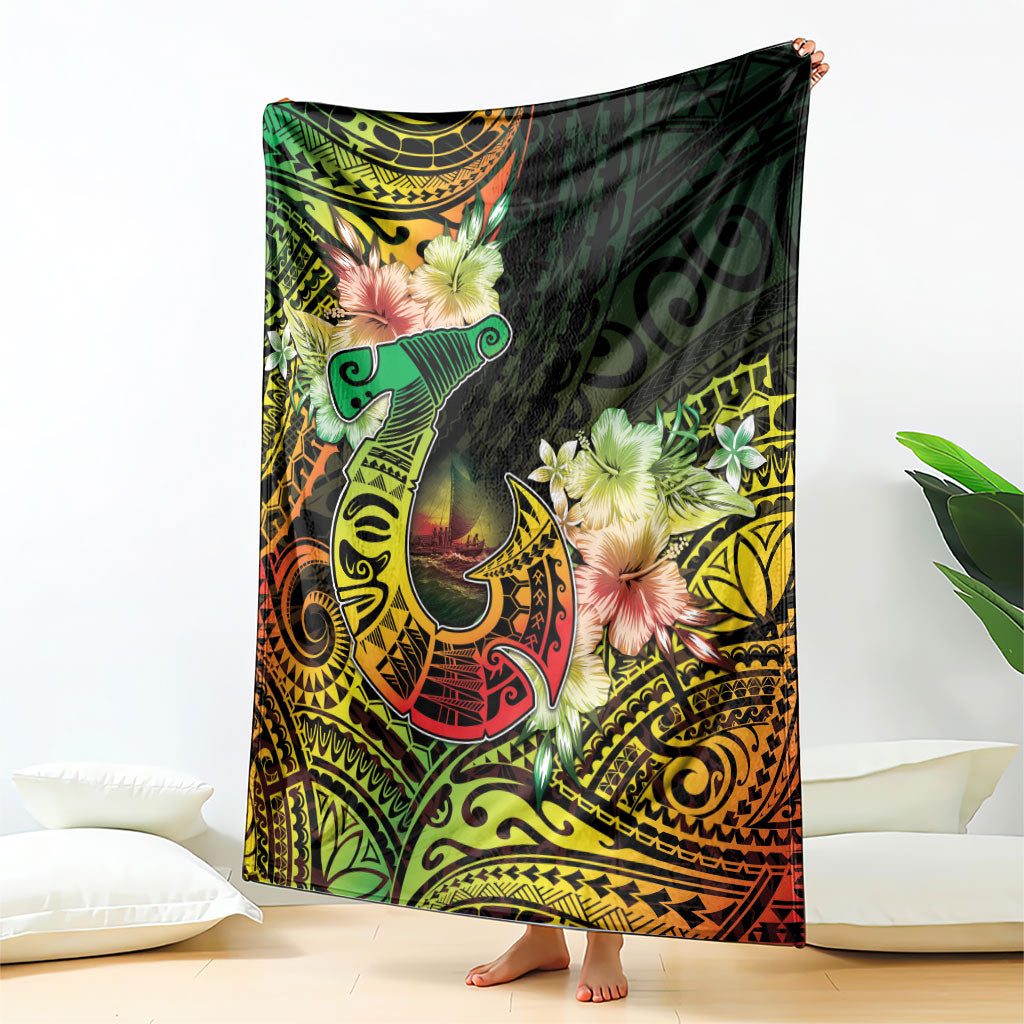 Hawaii Discoverers Day Blanket Polynesian Fish Hook With Hibiscus Reggae