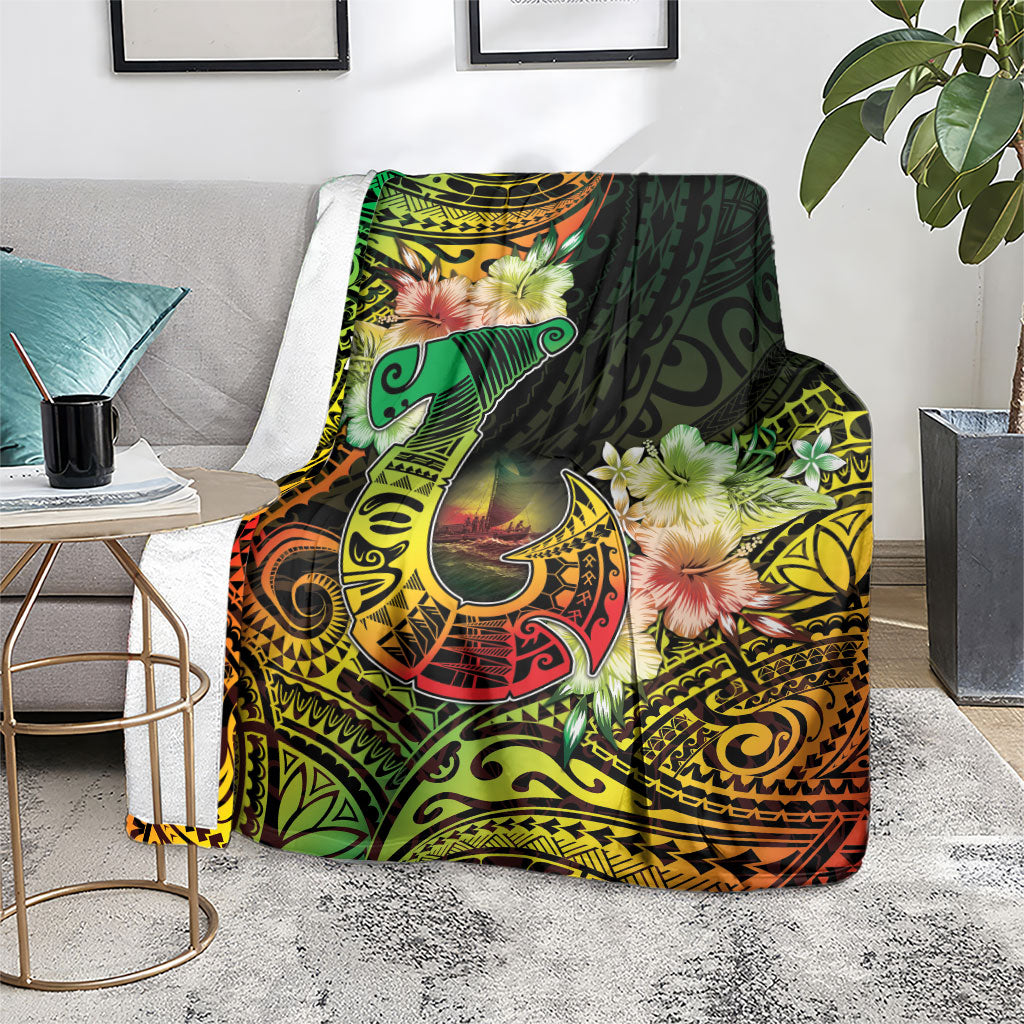 Hawaii Discoverers Day Blanket Polynesian Fish Hook With Hibiscus Reggae