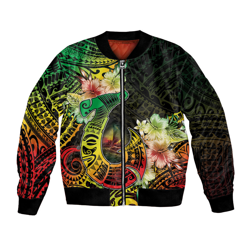 Hawaii Discoverers Day Bomber Jacket Polynesian Fish Hook With Hibiscus Reggae