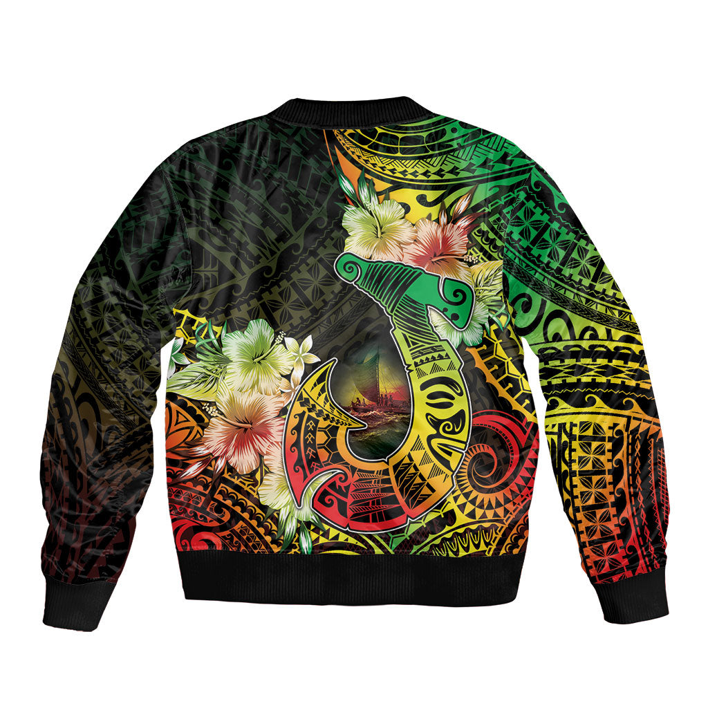 Hawaii Discoverers Day Bomber Jacket Polynesian Fish Hook With Hibiscus Reggae
