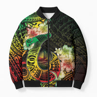 Hawaii Discoverers Day Bomber Puffer Jacket Polynesian Fish Hook With Hibiscus Reggae