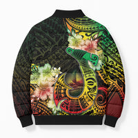Hawaii Discoverers Day Bomber Puffer Jacket Polynesian Fish Hook With Hibiscus Reggae